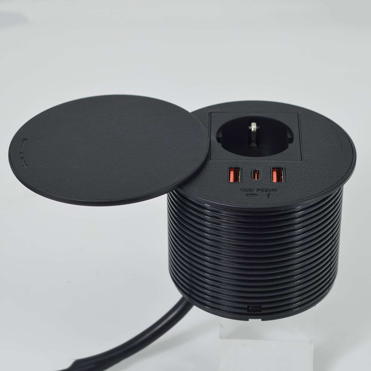 OEM/ODM Small Open Circular Desktop Power Socket 10A Rated IP44 USB Embedded Solitaire Sofa Furniture Shape Compatible US/EU Standards