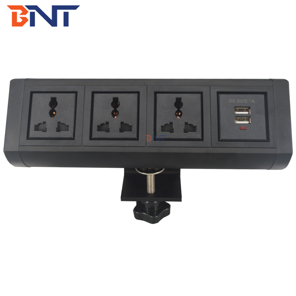 Effortless Power Access on Conference Tables with Clamp-On Black Multi-Socket Electrical Table Sockets