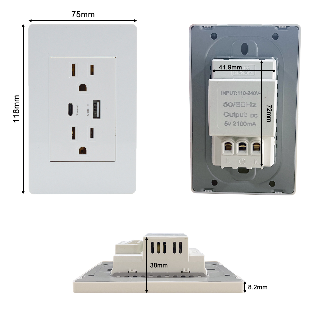 El CE de OEM/ODM avanzó el interruptor multifuncional hermoso de la pared con USB A+C y 2 potencias de EE.UU.