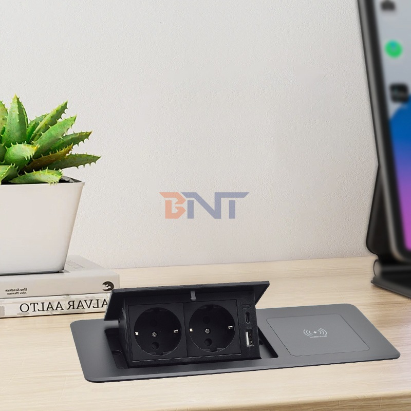 Desktop Table Hidden Charging Sockets Multi Connection Box Pop up Power Socket With Wireless Charging