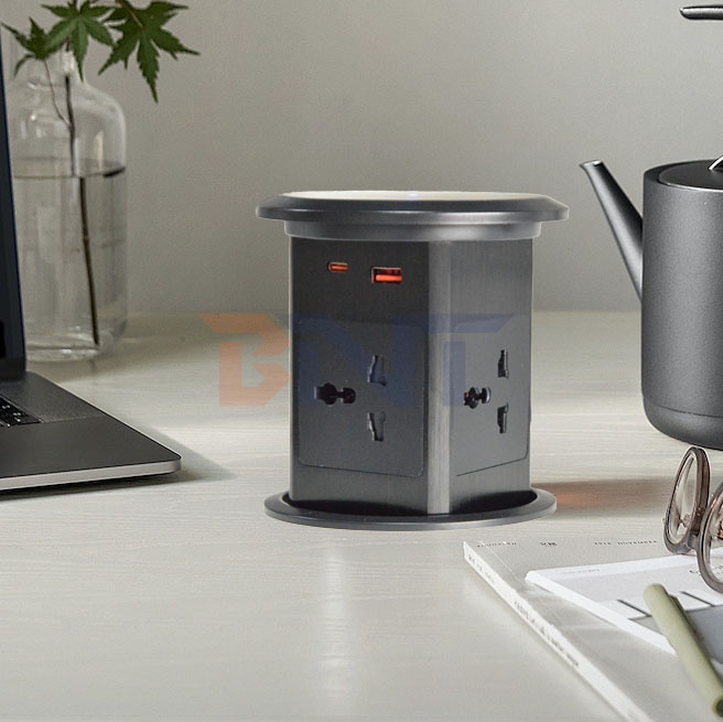 New Pneumatic Lift Pop up Socket US UK Universal Four Surface Mount Desktop Socket Top with 15W Wireless Charging Pop-up Socket