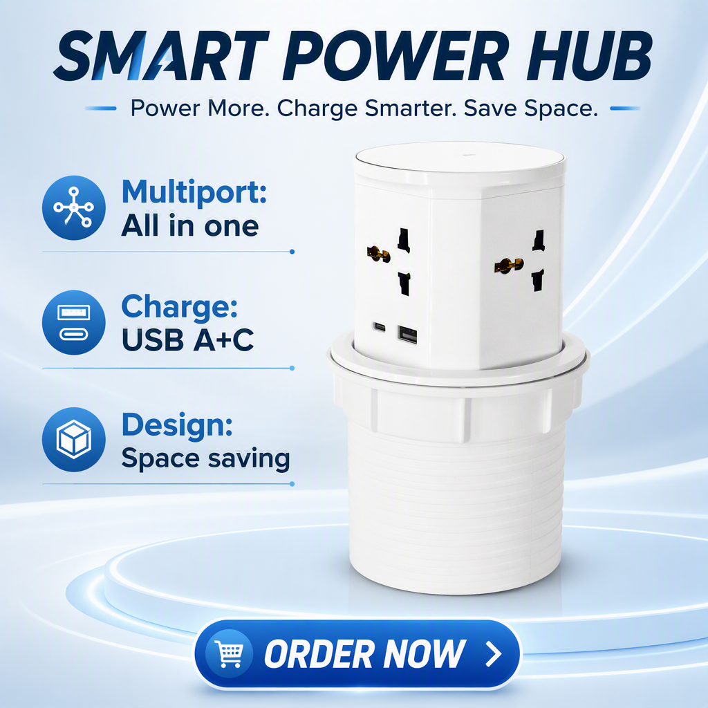 BNT Tabletop Office Commercial Use 4 AC Power Outlets 16A ABS Kitchen Pneumatic Pop Socket USB A+C Ports PD20W Charge IP44