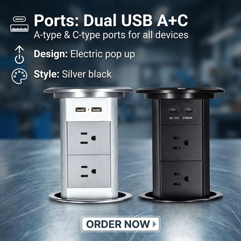 Motorized pop-up tabletop socket with 4 AC outlets, USB ports and wireless charging