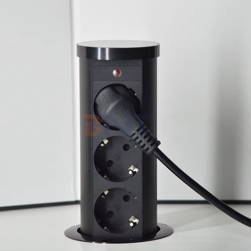 EU Plug Type 3-Outlet Pneumatic Power Socket IP44 Standard Aluminum Alloy Lifting Outlet for Hidden Kitchen Use