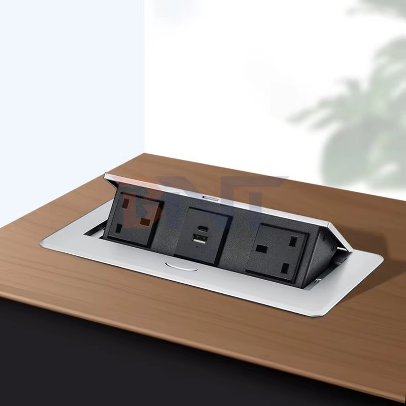 Custom Pop-Up Design Electric Power UK Plug Socket Flush Mount 2 Outlets Tabletop Socket for Meeting & Conference Tables detail image 5