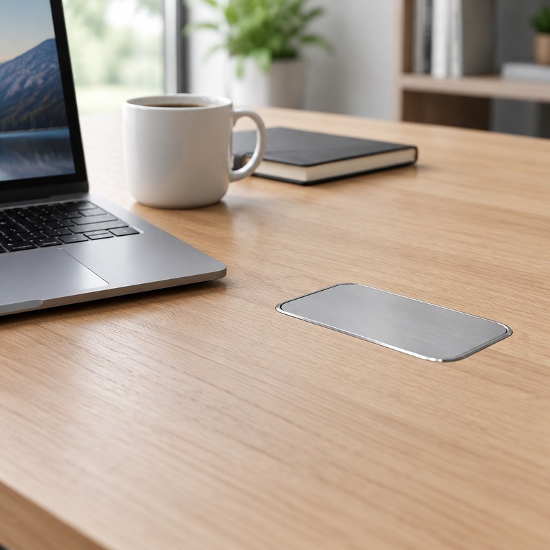 Pop up socket fully retracted with the lid flush with the desk surface
