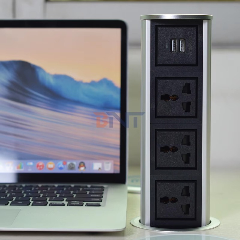PP90 front view - Flip Up Desk Outlet, 3 US AC Outlets and Dual USB Charging,